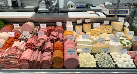 Sausages and cheese on display at a delicatessen storeの素材