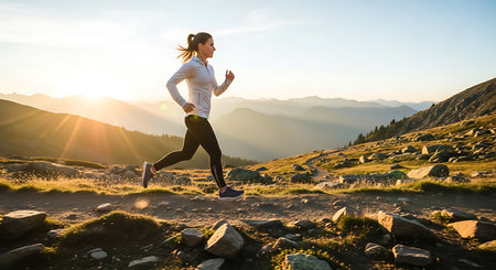 Young woman running in the mountains at sunset. Healthy lifestyle concept.の素材