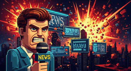 Vector cartoon illustration of TV news reporter with microphone on city background.の素材