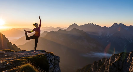 Young woman practicing yoga on top of a mountain at sunrise, panoramaの素材