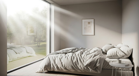 Modern bedroom interior design. 3d render illustration mock up. Bed with pillows and blanketの素材