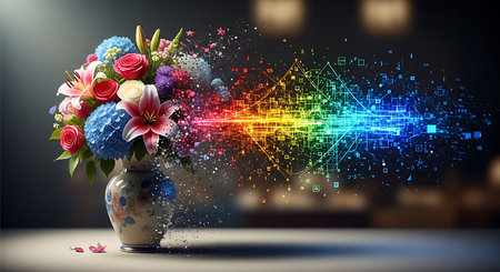 Abstract colorful background with flowers in vase and bokeh lightsの素材