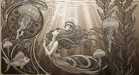 Beautiful mermaid in the sea with jellyfish. Vector illustration.の素材