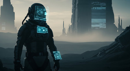 Astronaut in space suit against the background of the night cityの素材