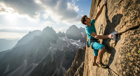 Young man climber climbing on a rock in the Dolomitesの素材