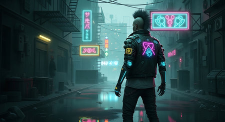 Cyborg in the city with glowing icons. 3D rendering.の素材