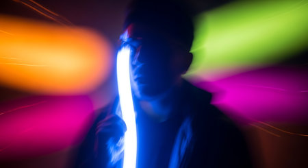 Abstract background of neon light and silhouette of a man in a hoodの素材