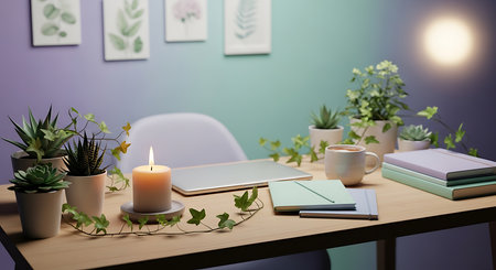 Workplace with tablet, coffee and plants on wooden table, 3d renderの素材