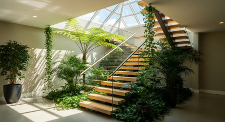 Interior of a modern house, stairs and plants. Nobody insideの素材