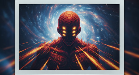 Cyborg with glowing eyes looking at camera against futuristic background 3D renderingの素材