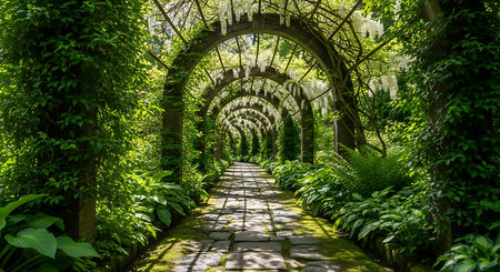 Beautiful archway in the garden with white wisteria flowersの素材