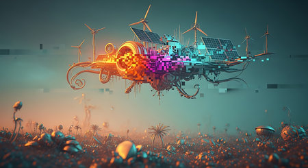 solar panel and windmills, 3d rendering. Computer digital drawing.の素材