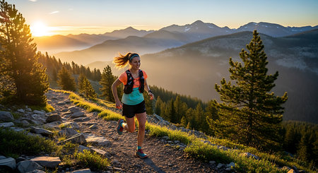 Young woman trail runner running up on a trail in the mountains at sunsetの素材