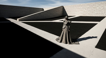 3D rendering of a woman wearing a hat and coat in front of a modern buildingの素材