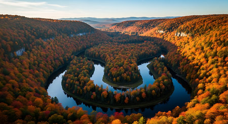 Aerial view of autumn forest and river. Colorful trees in autumn colors.の素材