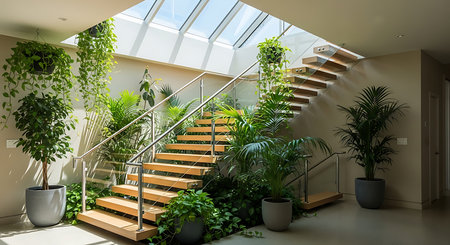 interior of a modern house, staircase and plants in the roomの素材