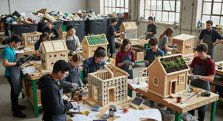 Group of people working in a small woodworking workshop. Small business and entrepreneurship concept.の素材