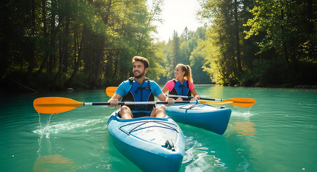 Couple kayaking on the lake in the mountains. Man and woman paddling on a kayakの素材