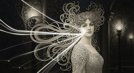 Fantasy illustration of a beautiful woman with a magic wand over her head.の素材