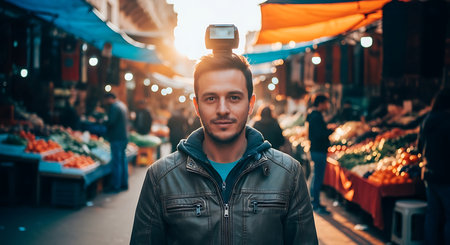 Young handsome Asian man using mobile phone and selfie stick on the street market.の素材
