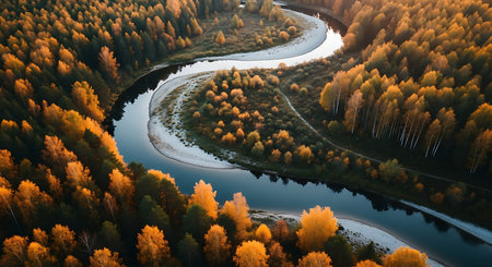 Aerial view of autumn forest and river. Beautiful landscape with river.の素材