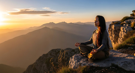 Young woman meditating on top of a mountain during sunset in summerの素材