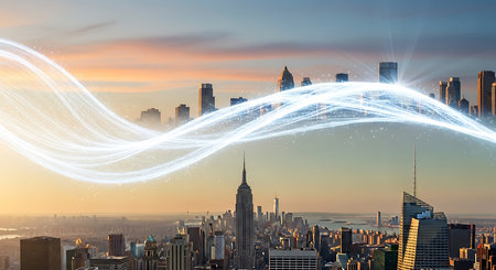 Abstract digital connection lines on New York city skyline at sunset. 3D Renderingの素材