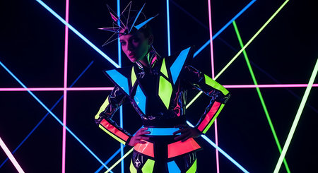 Cyborg woman in futuristic outfit posing in front of colorful neon lightsの素材