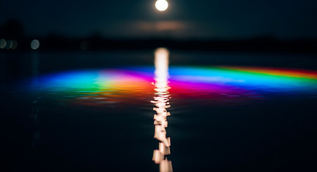 Colorful rainbow reflection on water surface with moon in the background.の素材