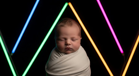 Portrait of a newborn baby wrapped in a blanket with colorful neon lightsの素材