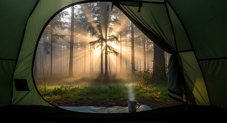 Camping tent in a foggy forest at sunrise. Camping conceptの素材
