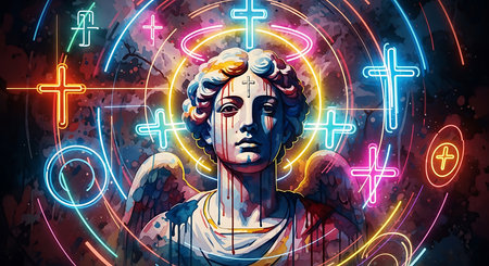 Neon statue of the goddess of love. 3d illustration.の素材