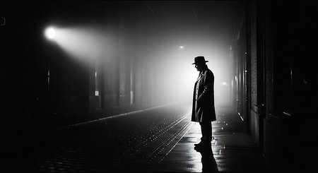 Mysterious silhouette of a man in a dark cloak and hatの素材