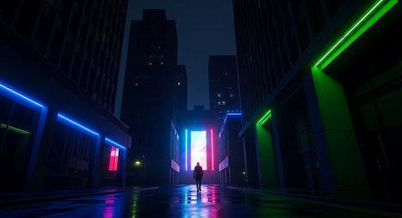 Silhouette of a man in the city at night with neon lightsの素材