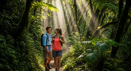 Young couple with backpacks hiking in tropical forest. Man and woman hiking in rainforest.の素材