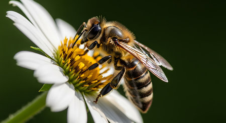 Bee on a daisy flower in the nature. Macro photography.の素材