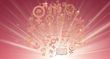 Conceptual image with mixed media icons against pink background with lightsの素材