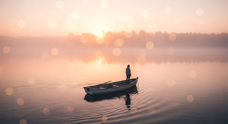Fisherman in a boat on the lake in the morning fogの素材