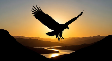 Silhouette of eagle flying over the lake and mountains at sunsetの素材