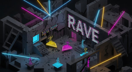 3D rendering of a city with neon lights and a sign reading Rakeの素材