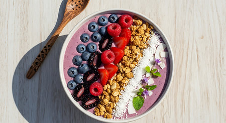 Healthy breakfast bowl with yogurt, granola and berries on wooden tableの素材