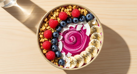 Healthy breakfast bowl with granola, yogurt and berries on wooden tableの素材