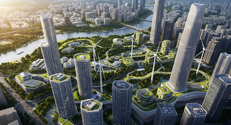 3d rendering of futuristic city with wind turbines and windmillsの素材
