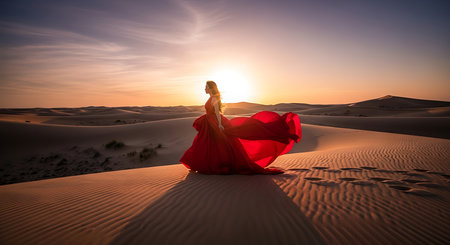 Beautiful woman in a red dress in the desert at sunset.の素材