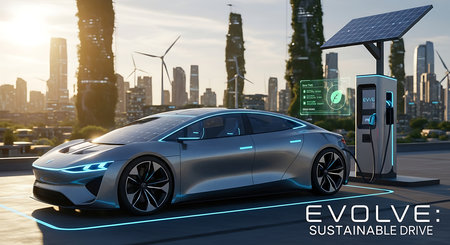 EV charging station for electric car with cityscape background, 3d renderingの素材
