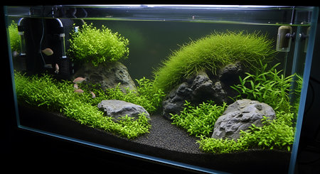 aquarium with green plants and rocks, close-up, horizontalの素材