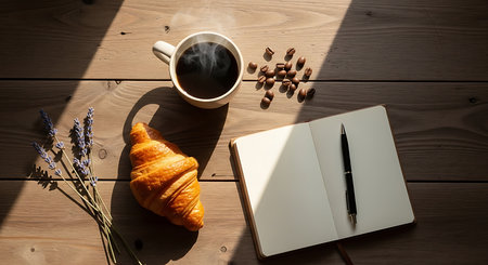 Coffee cup, notebook and croissant on wooden tableの素材
