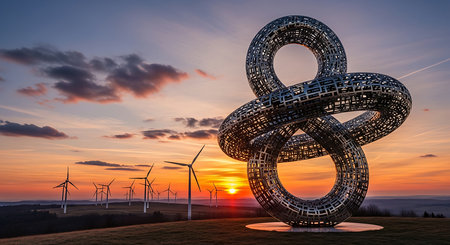 Wind turbines and infinity symbol at sunset. 3d render illustration.の素材