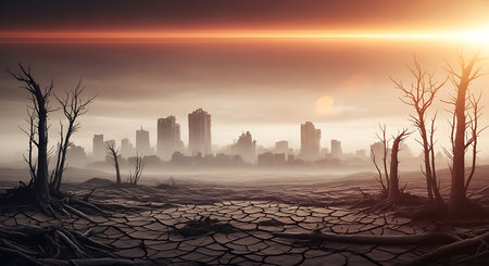 Fantasy landscape with dead trees, city and cracked ground. 3d renderの素材