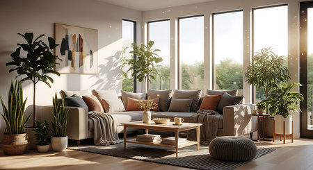 Living room interior with sofa and coffee table. 3D Renderingの素材